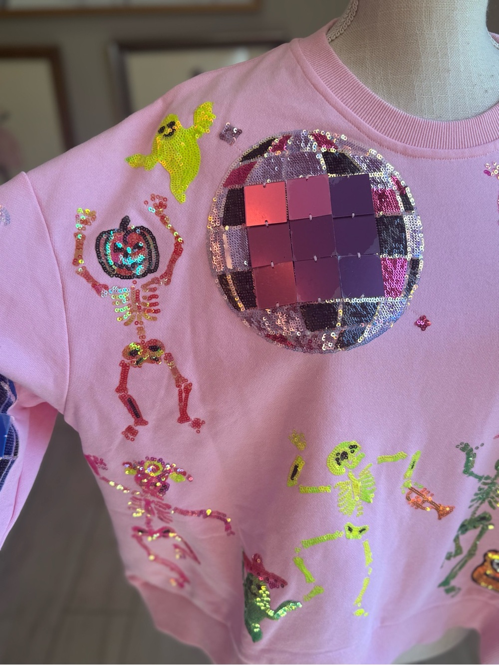 New! QUEEN OF SPARKLES Pink Neon Sequin Disco Skeleton Sweatshirt - Picture 4 of 12